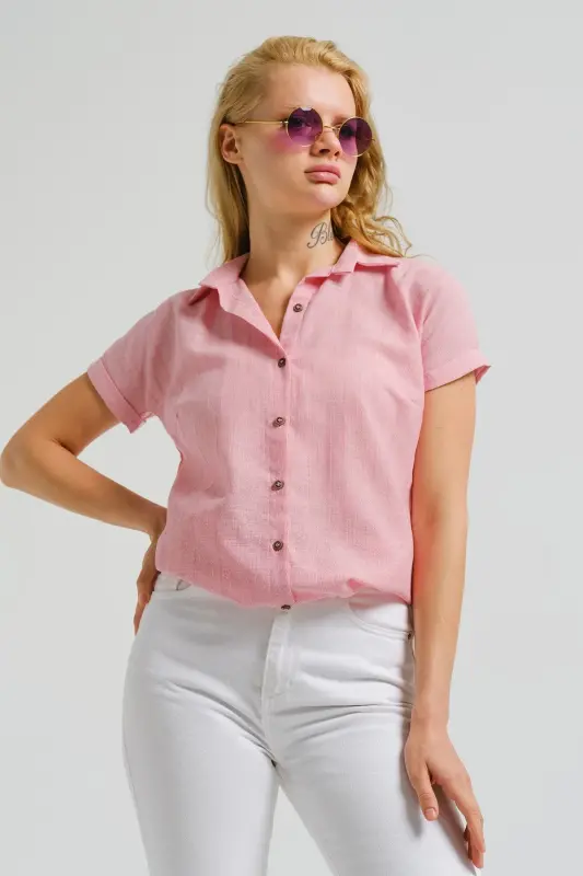 Kadın Pembe Desenli Kısa Kol Gömlek ARM-22Y001052-Pembe - 2