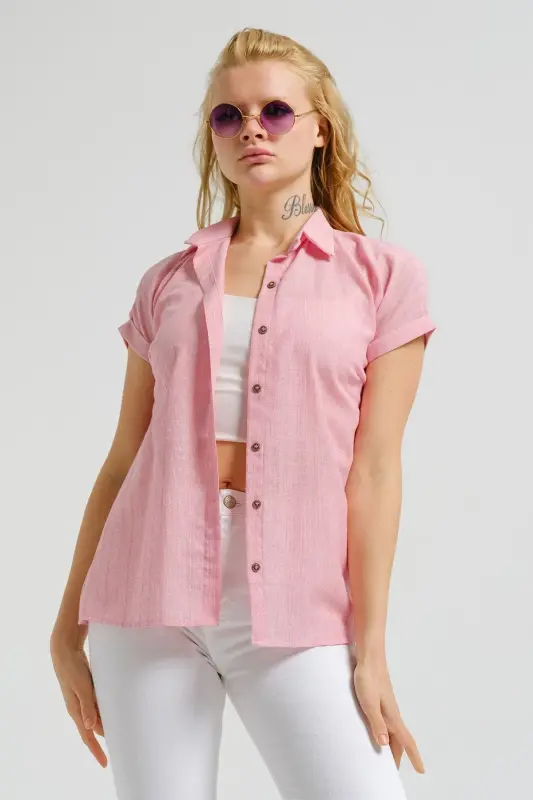 Kadın Pembe Desenli Kısa Kol Gömlek ARM-22Y001052-Pembe - 3