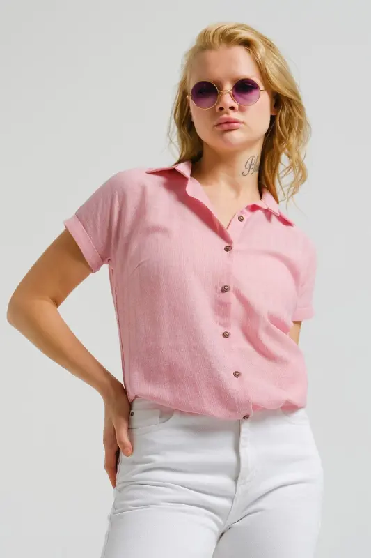 Kadın Pembe Desenli Kısa Kol Gömlek ARM-22Y001052-Pembe - 4