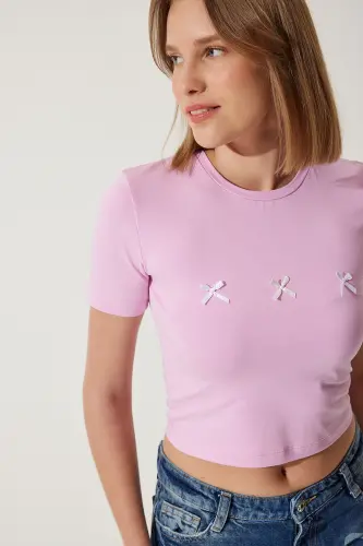 Kadın Pembe Fiyonk Detaylı Crop T-Shirt MC00279 - Pembe - 1