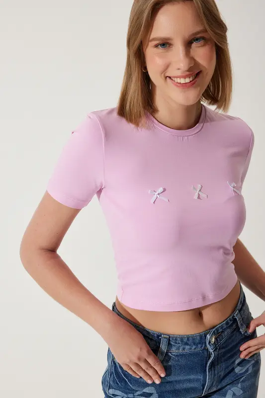 Kadın Pembe Fiyonk Detaylı Crop T-Shirt MC00279 - Pembe - 2