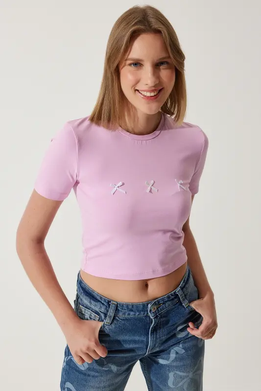 Kadın Pembe Fiyonk Detaylı Crop T-Shirt MC00279 - Pembe - 3