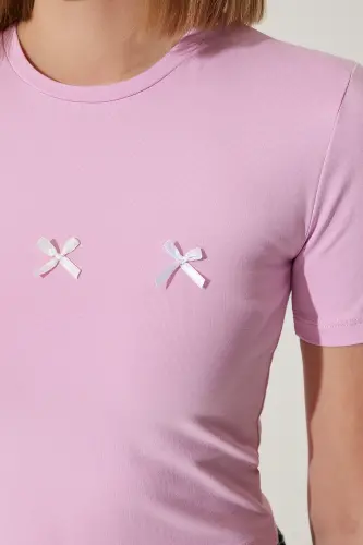 Kadın Pembe Fiyonk Detaylı Crop T-Shirt MC00279 - Pembe - 4