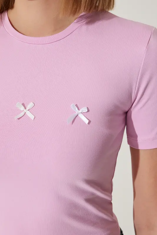 Kadın Pembe Fiyonk Detaylı Crop T-Shirt MC00279 - Pembe - 4