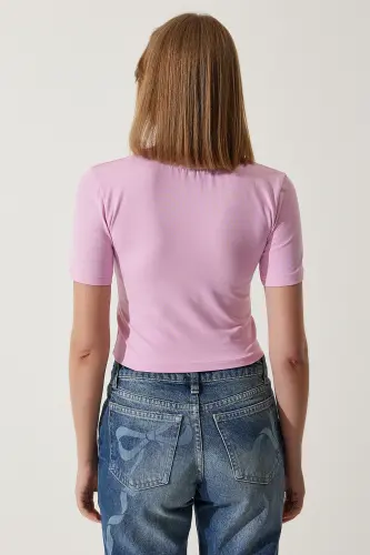 Kadın Pembe Fiyonk Detaylı Crop T-Shirt MC00279 - Pembe - 5