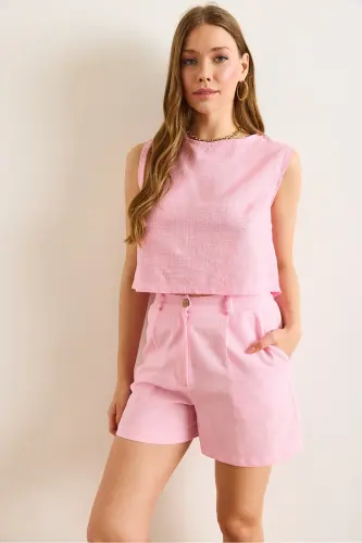 Kadın Pembe Flam Keten Crop Bluz BLZ-19002925-Pembe - 2