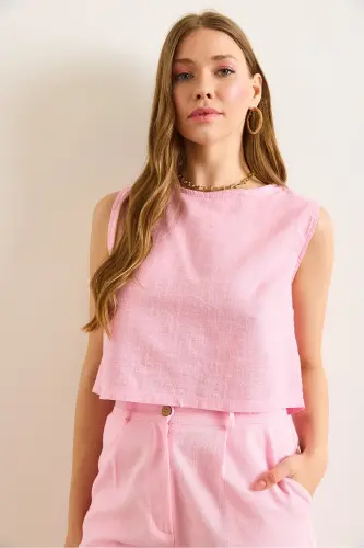 Kadın Pembe Flam Keten Crop Bluz BLZ-19002925-Pembe - 3