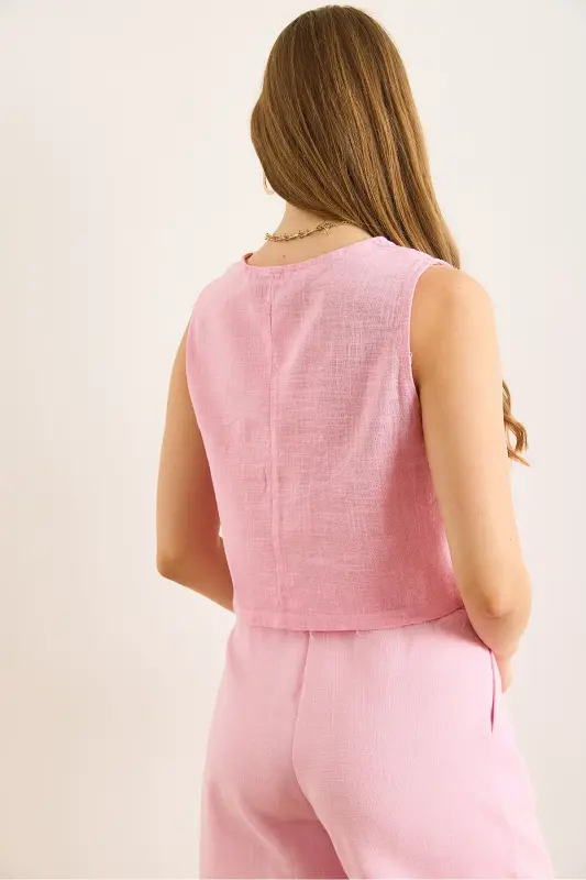 Kadın Pembe Flam Keten Crop Bluz BLZ-19002925-Pembe - 6