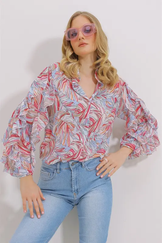 Kadın Pembe Hakim Yaka Kolları Volanı Desenli Şifon Gömlek Alc-X11478-PEMBE - 3