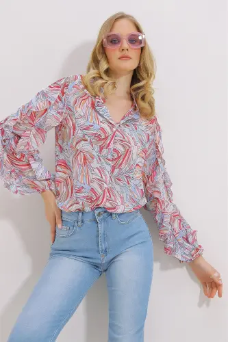 Kadın Pembe Hakim Yaka Kolları Volanı Desenli Şifon Gömlek Alc-X11478-PEMBE - 4