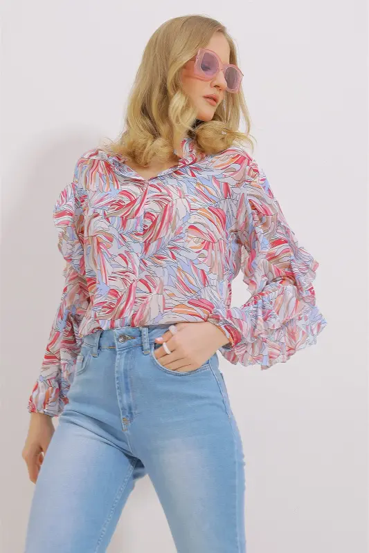 Kadın Pembe Hakim Yaka Kolları Volanı Desenli Şifon Gömlek Alc-X11478-PEMBE - 5