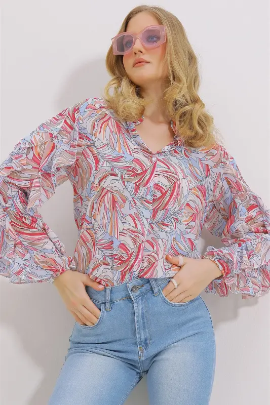 Kadın Pembe Hakim Yaka Kolları Volanı Desenli Şifon Gömlek Alc-X11478-PEMBE - 6