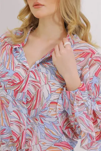 Kadın Pembe Hakim Yaka Kolları Volanı Desenli Şifon Gömlek Alc-X11478-PEMBE - 7