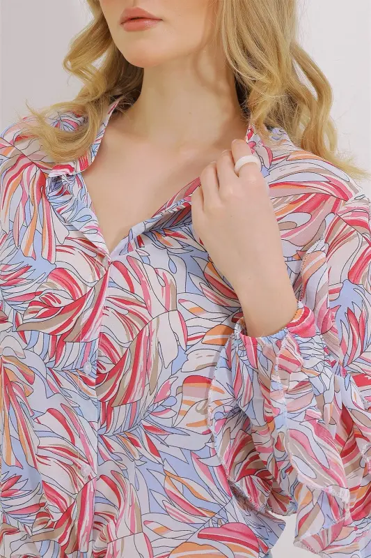 Kadın Pembe Hakim Yaka Kolları Volanı Desenli Şifon Gömlek Alc-X11478-PEMBE - 7