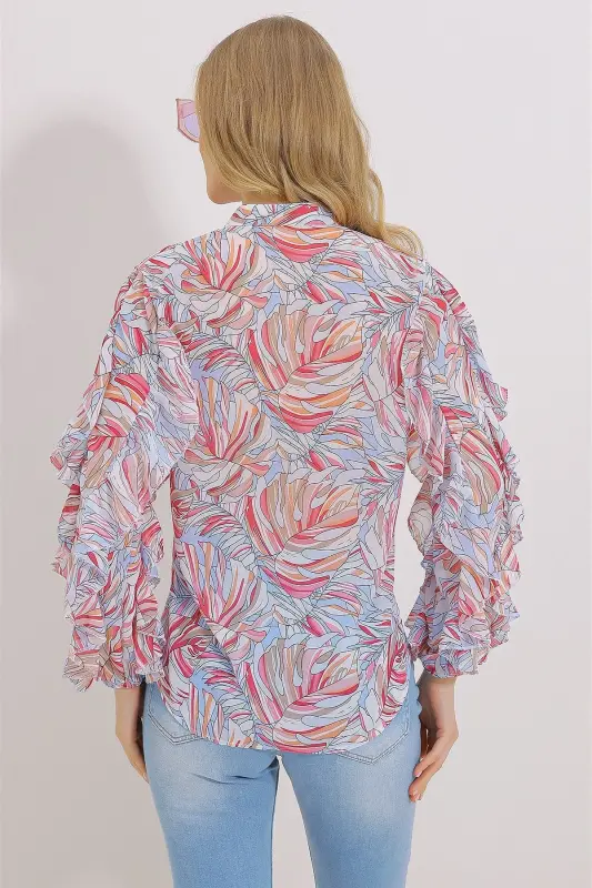 Kadın Pembe Hakim Yaka Kolları Volanı Desenli Şifon Gömlek Alc-X11478-PEMBE - 8