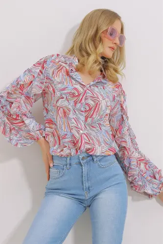 Kadın Pembe Hakim Yaka Kolları Volanı Desenli Şifon Gömlek Alc-X11478-PEMBE - TREND ALAÇATI STILI (1)