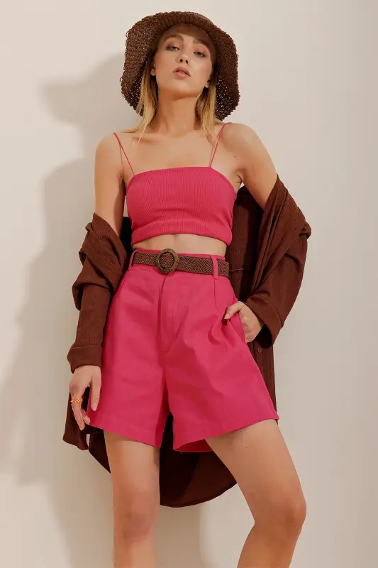 Pembe Hasır Örgü Kemerli Gabardin Şort ALC-X10271 - Pembe - 5