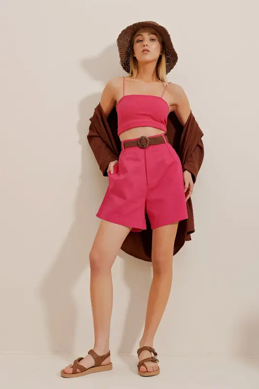 Pembe Hasır Örgü Kemerli Gabardin Şort ALC-X10271 - Pembe - 6
