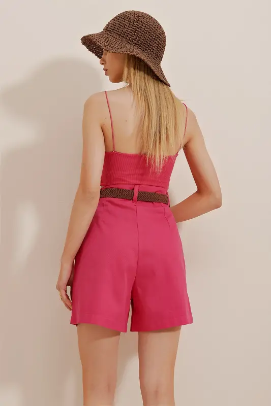 Pembe Hasır Örgü Kemerli Gabardin Şort ALC-X10271 - Pembe - 7
