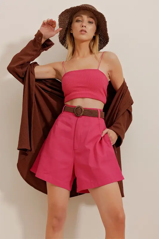 Kadın Pembe Hasır Örgü Kemerli Gabardin Şort Alc-X10271-Pembe - 2