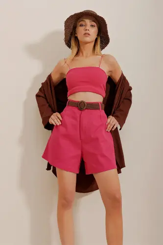 Kadın Pembe Hasır Örgü Kemerli Gabardin Şort Alc-X10271-Pembe - 4