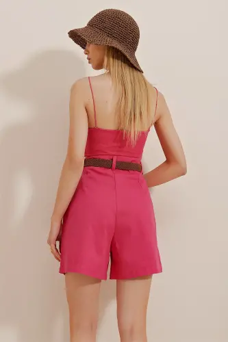 Kadın Pembe Hasır Örgü Kemerli Gabardin Şort Alc-X10271-Pembe - 7