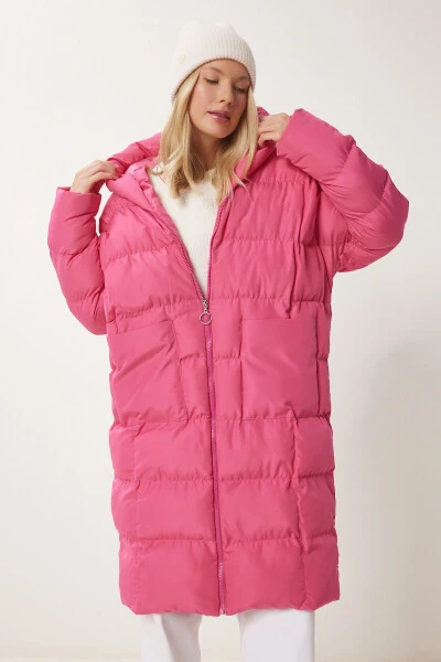 Kadın Pembe Kapüşonlu Oversize Uzun Şişme Kaban NT00428-Pembe - 2