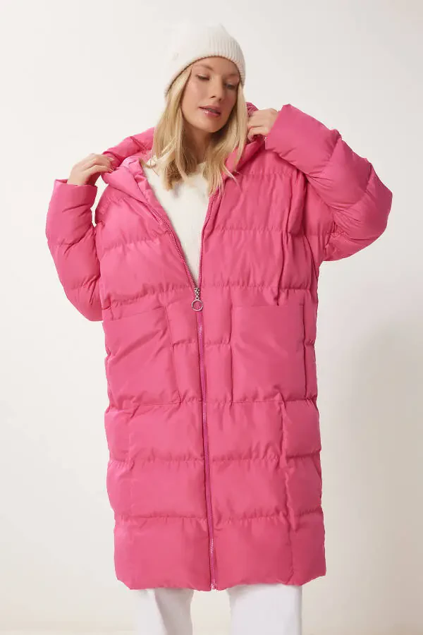 Kadın Pembe Kapüşonlu Oversize Uzun Şişme Kaban NT00428-Pembe - 2