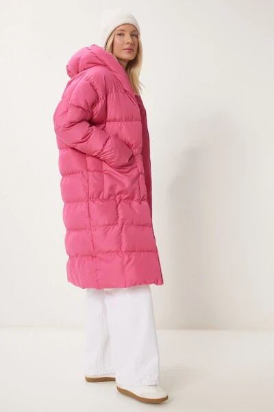 Kadın Pembe Kapüşonlu Oversize Uzun Şişme Kaban NT00428-Pembe - 4