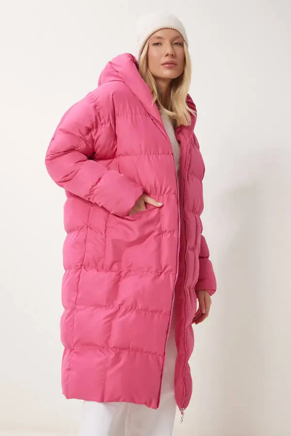 Kadın Pembe Kapüşonlu Oversize Uzun Şişme Kaban NT00428-Pembe - 5