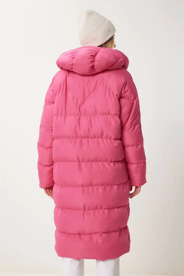 Kadın Pembe Kapüşonlu Oversize Uzun Şişme Kaban NT00428-Pembe - 8