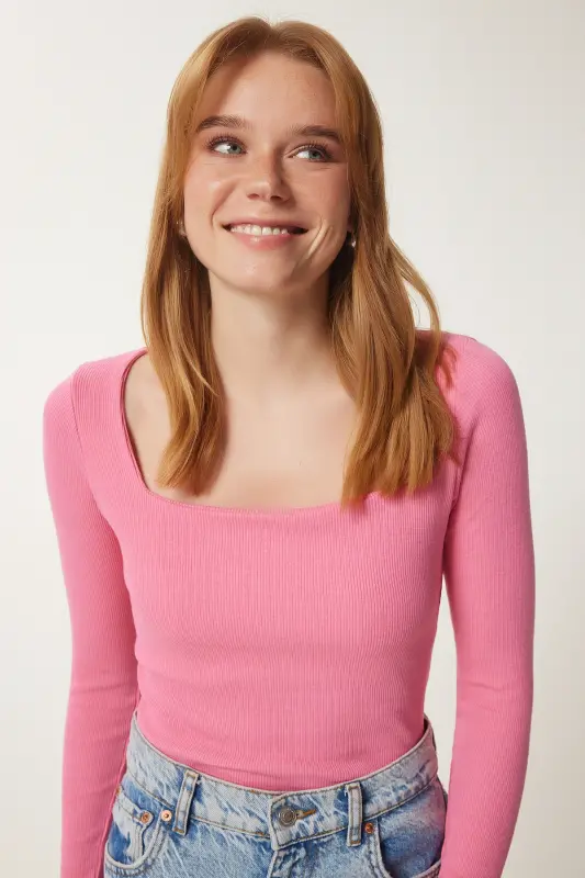 Kadın Pembe Kare Yaka Fitilli Örme Bluz GT00052 - Pembe - 1