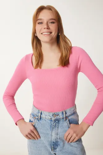 Kadın Pembe Kare Yaka Fitilli Örme Bluz GT00052 - Pembe - Happiness İstanbul (1)