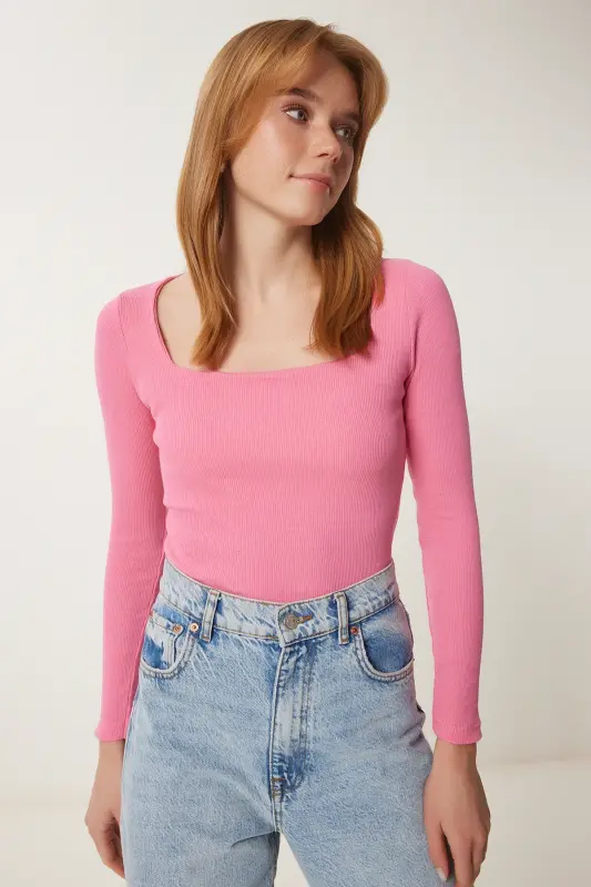 Kadın Pembe Kare Yaka Fitilli Örme Bluz GT00052 - Pembe - 3