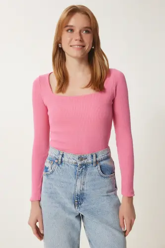 Kadın Pembe Kare Yaka Fitilli Örme Bluz GT00052 - Pembe - 4