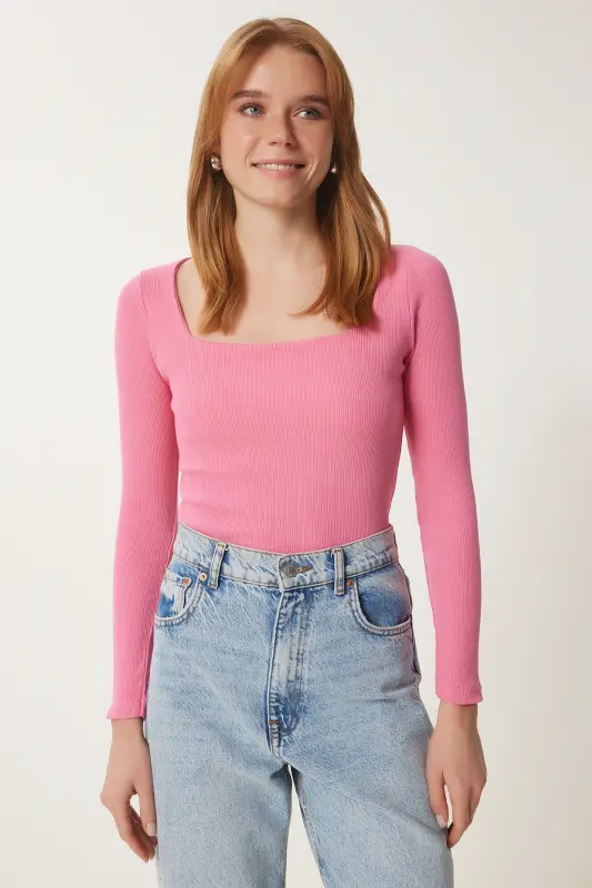 Kadın Pembe Kare Yaka Fitilli Örme Bluz GT00052 - Pembe - 4