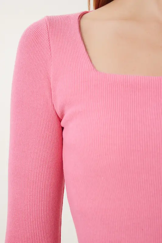 Kadın Pembe Kare Yaka Fitilli Örme Bluz GT00052 - Pembe - 5