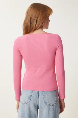 Kadın Pembe Kare Yaka Fitilli Örme Bluz GT00052 - Pembe - 6
