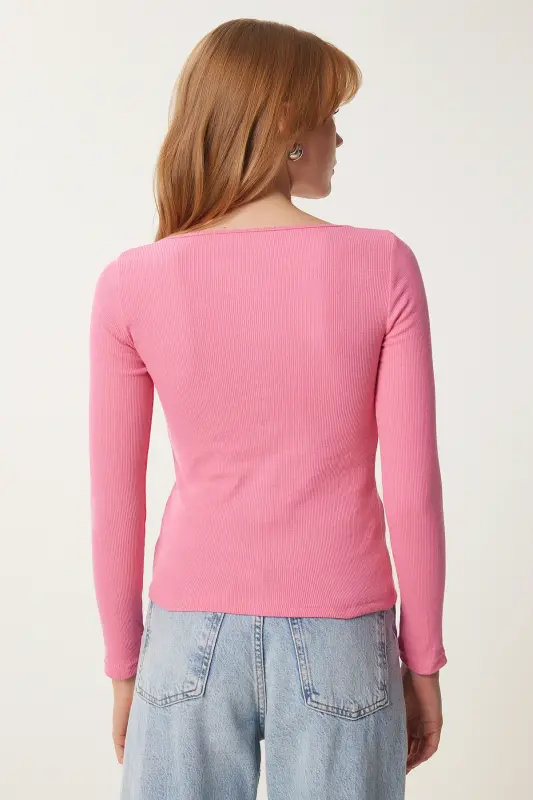 Kadın Pembe Kare Yaka Fitilli Örme Bluz GT00052 - Pembe - 6