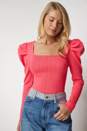 Kadın Pembe Kare Yaka Fitilli Triko Bluz YY00159 - Pembe 