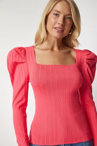 Kadın Pembe Kare Yaka Fitilli Triko Bluz YY00159 - Pembe - 3