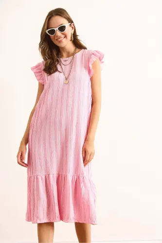 Kadın Pembe Kol Etek Fırfırlı Dokulu Midi Elbise ELB-19002364-Pembe - 3