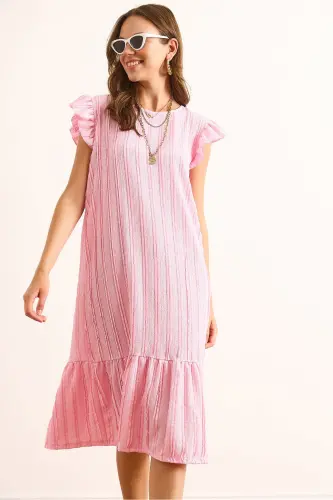 Kadın Pembe Kol Etek Fırfırlı Dokulu Midi Elbise ELB-19002364-Pembe - 4