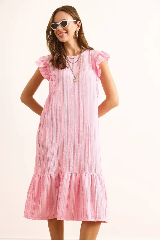 Kadın Pembe Kol Etek Fırfırlı Dokulu Midi Elbise ELB-19002364-Pembe - 5