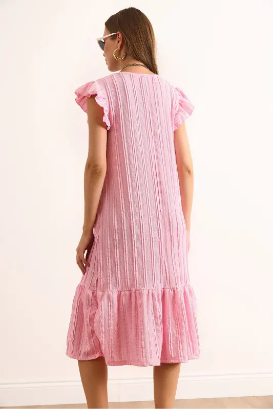 Kadın Pembe Kol Etek Fırfırlı Dokulu Midi Elbise ELB-19002364-Pembe - 6