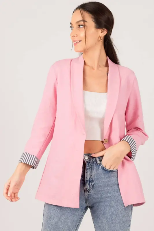 Kadın Pembe Kol İçi Çizgili Tek Düğmeli Ceket ARM-22K001122-Pembe - 1