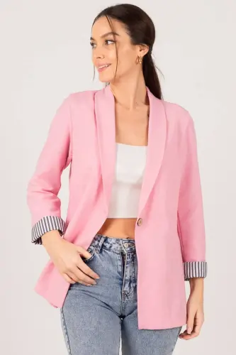 Kadın Pembe Kol İçi Çizgili Tek Düğmeli Ceket ARM-22K001122-Pembe - ARMONIKA (1)