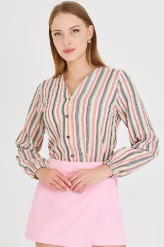 Kadın Pembe Kolu Lastikli Bürümcük Gömlek ARM-24K001002 - Pembe - 2
