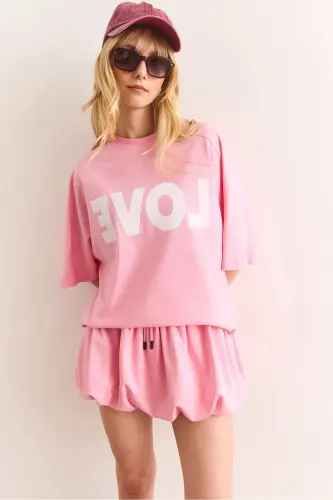 Kadın Pembe Love Baskılı Balon Etekli Pamuk Takım TKM-19000381-Pembe - OLALOOK (1)