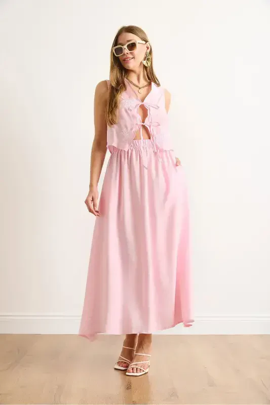 Kadın Pembe Modal Üst Nakışlı Yelek Alt Cepli Kloş Etek Takım TKM-19000402-Pembe - 5